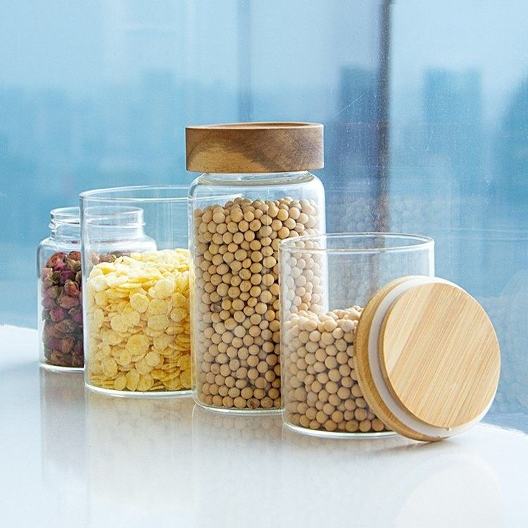 Экологически чистые пищевые продукты с высоким содержанием боросиликата герметичные кухонные стеклянные банки для хранения с деревянными крышками из бамбука